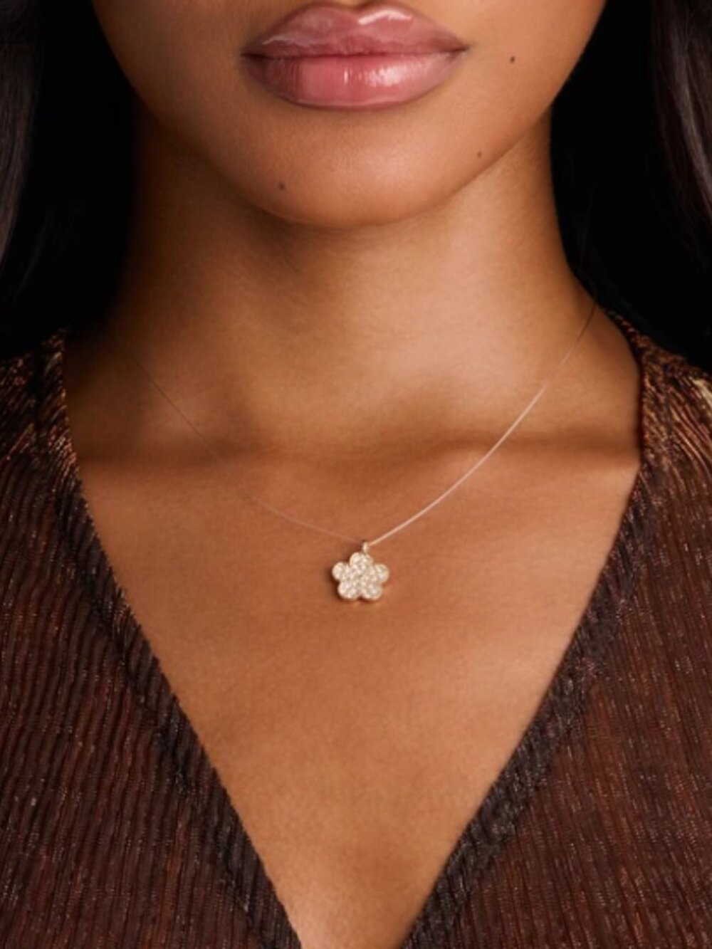 NWT Gold Tone Crystal Flower Pendant Necklace Clear Invisible Chain Dainty